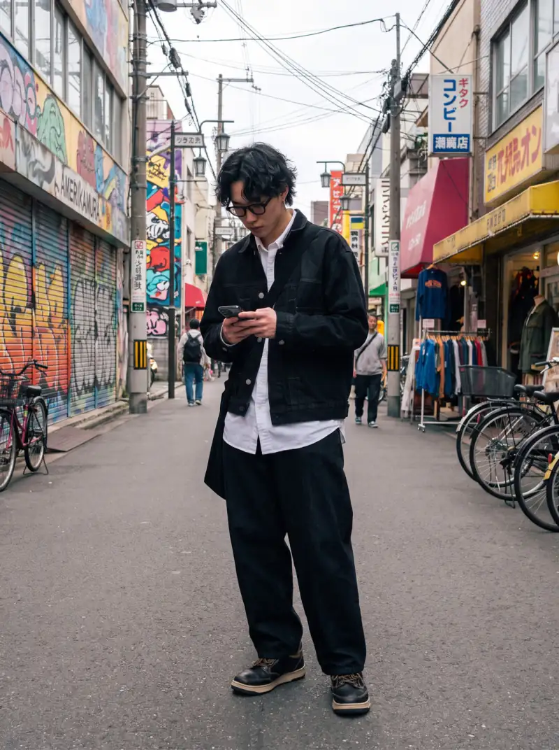 大阪・アメリカ村のグラフィティが並ぶ商店街で、スマートフォンを見る黒いデニムジャケットの男性。