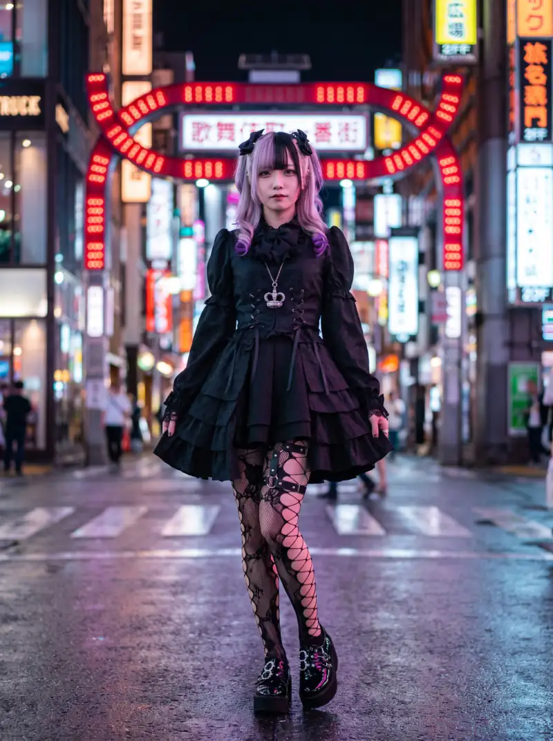 夜の新宿・歌舞伎町の赤いネオンのゲートの下に立つ、ラベンダー色の髪に黒いゴスロリ服の女性。